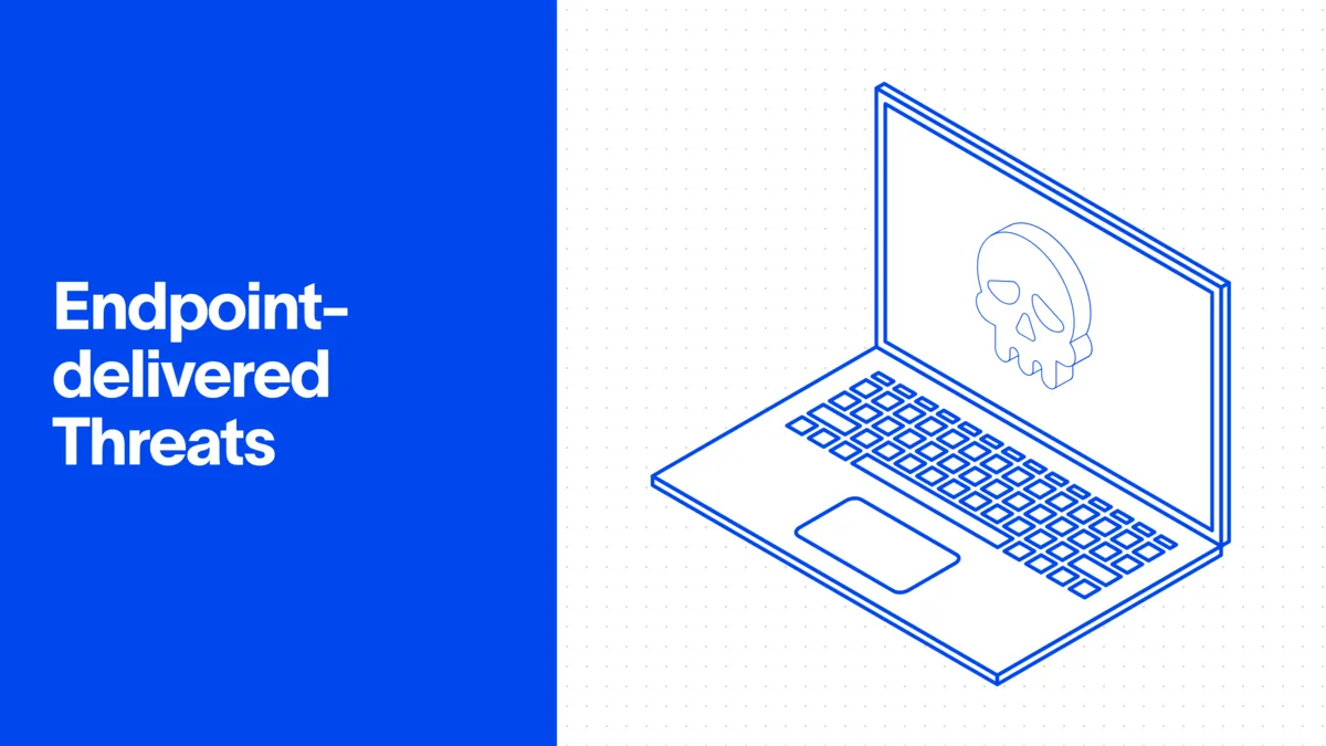 Illustration of endpoint-delivered threats: a laptop displaying a skull icon.