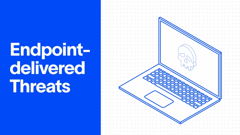 Illustration of endpoint-delivered threats: a laptop displaying a skull icon.