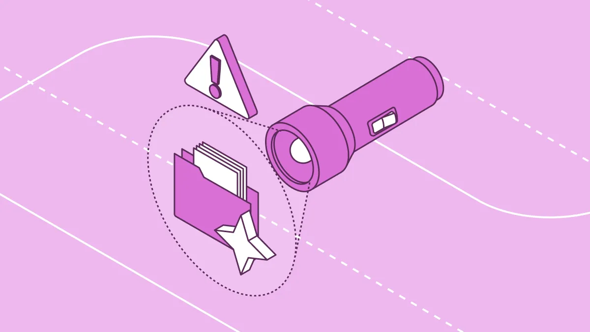 Shadow agents illustration: a flashlight illuminating a folder of files, representing visibility into unsanctioned AI agents.
