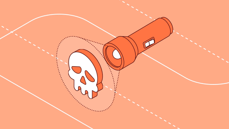 Illustration of a flashlight revealing a hidden skull, representing detecting and preventing IP theft.