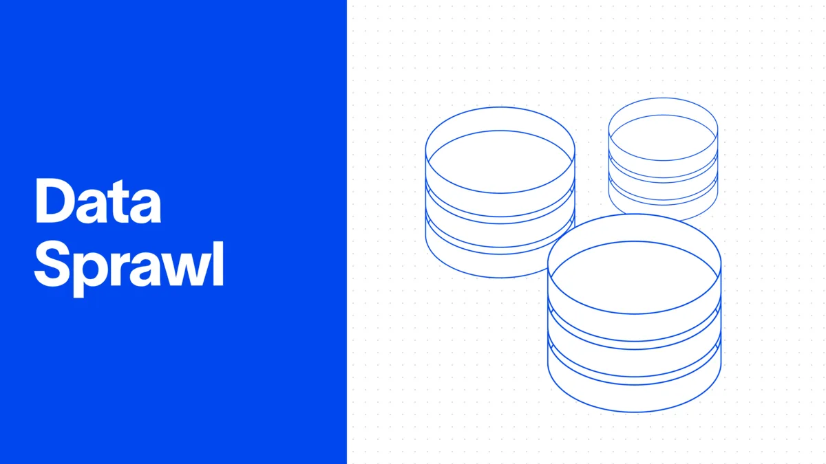 Isometric illustration of data sprawl: enterprise data scattered across multiple isolated database stores