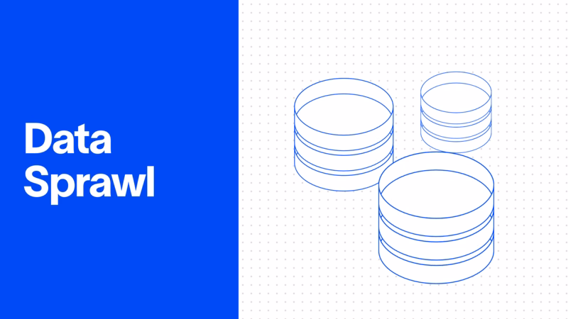 Isometric illustration of data sprawl: enterprise data scattered across multiple isolated database stores