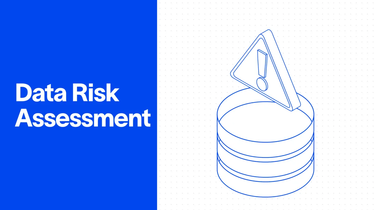 Data risk assessment illustration: a database with a warning symbol on a dotted grid.