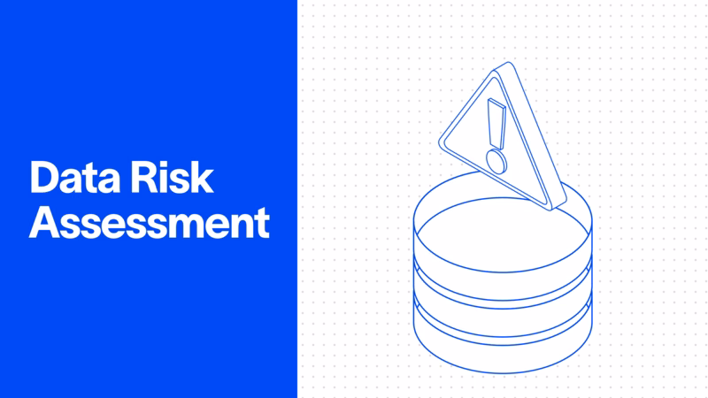 Data risk assessment illustration: a database with a warning symbol on a dotted grid.