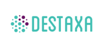 Nome da marca Destaxa ao lado de um padrão circular de pontos nas cores verde-azulado e roxo.