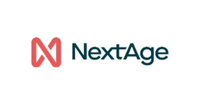Wordmark da empresa NextAge, com um logo estilizado da letra "N" em vermelho à esquerda.
