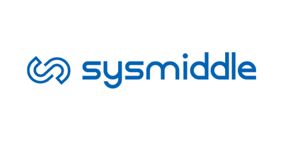 Logo da empresa Sysmiddle, com formas entrelaçadas estilizadas à esquerda da palavra “sysmiddle” em fonte azul.