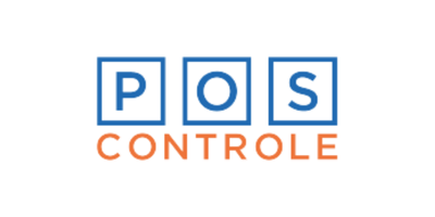 Logo em texto com as letras 'P', 'O' e 'S' dentro de quadrados azuis, e a palavra 'CONTROLE' escrita abaixo em laranja.