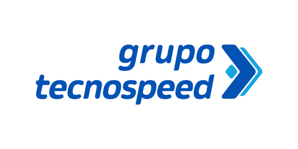 Logo do Grupo TecnoSpeed, com texto em azul em negrito e um símbolo estilizado de seta para a direita.