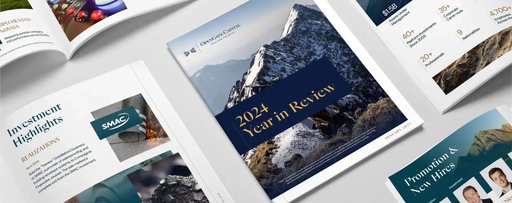 An table with private equity pitchbooks opened and displayed.