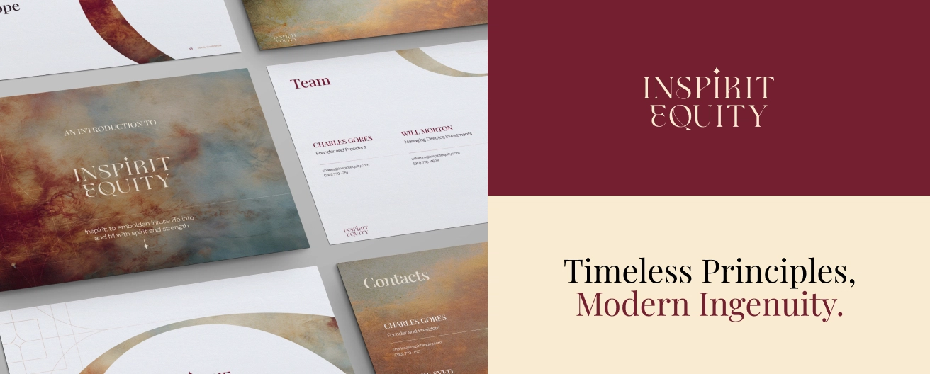 Branded stationery and marketing materials for Inspirit Equity, featuring a maroon and beige color scheme with text 'Timeless Principles, Modern Ingenuity.'