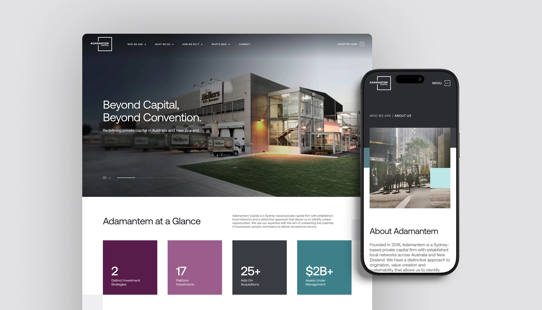 Website and mobile view of Adamantem Capital showing a modern building with trucks, tagline 'Beyond Capital, Beyond Convention,' and company metrics including 2 investment strategies, 17 platform investments, 25+ add-on acquisitions, and $2B+ assets under management.