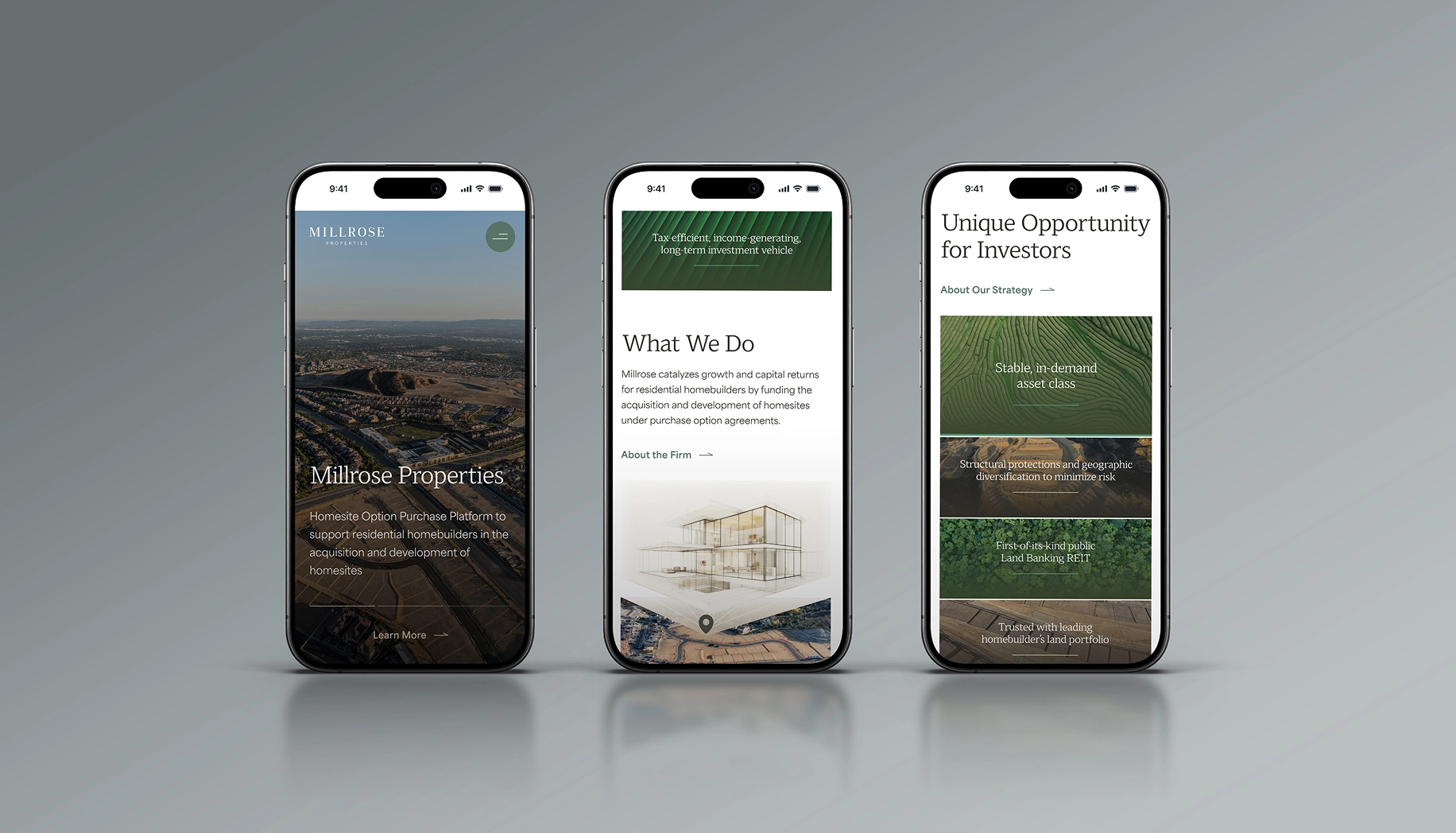 Three smartphones displaying Millrose Properties website pages about homesite option purchase platform, company mission, and investment opportunities.