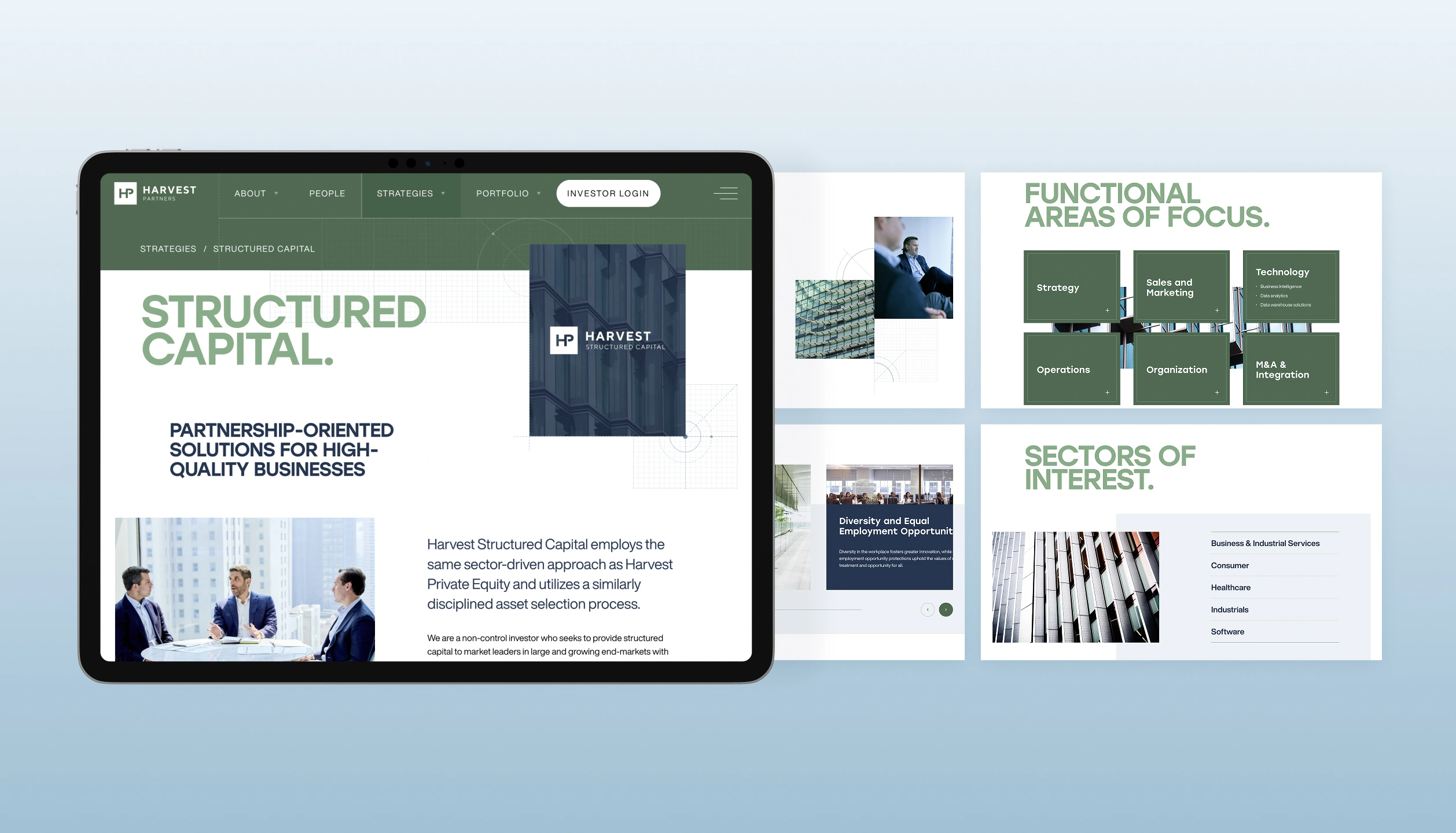 Tablet screen showing Harvest Partners Structured Capital page with business meeting photo and overview, next to slides titled Functional Areas of Focus and Sectors of Interest.