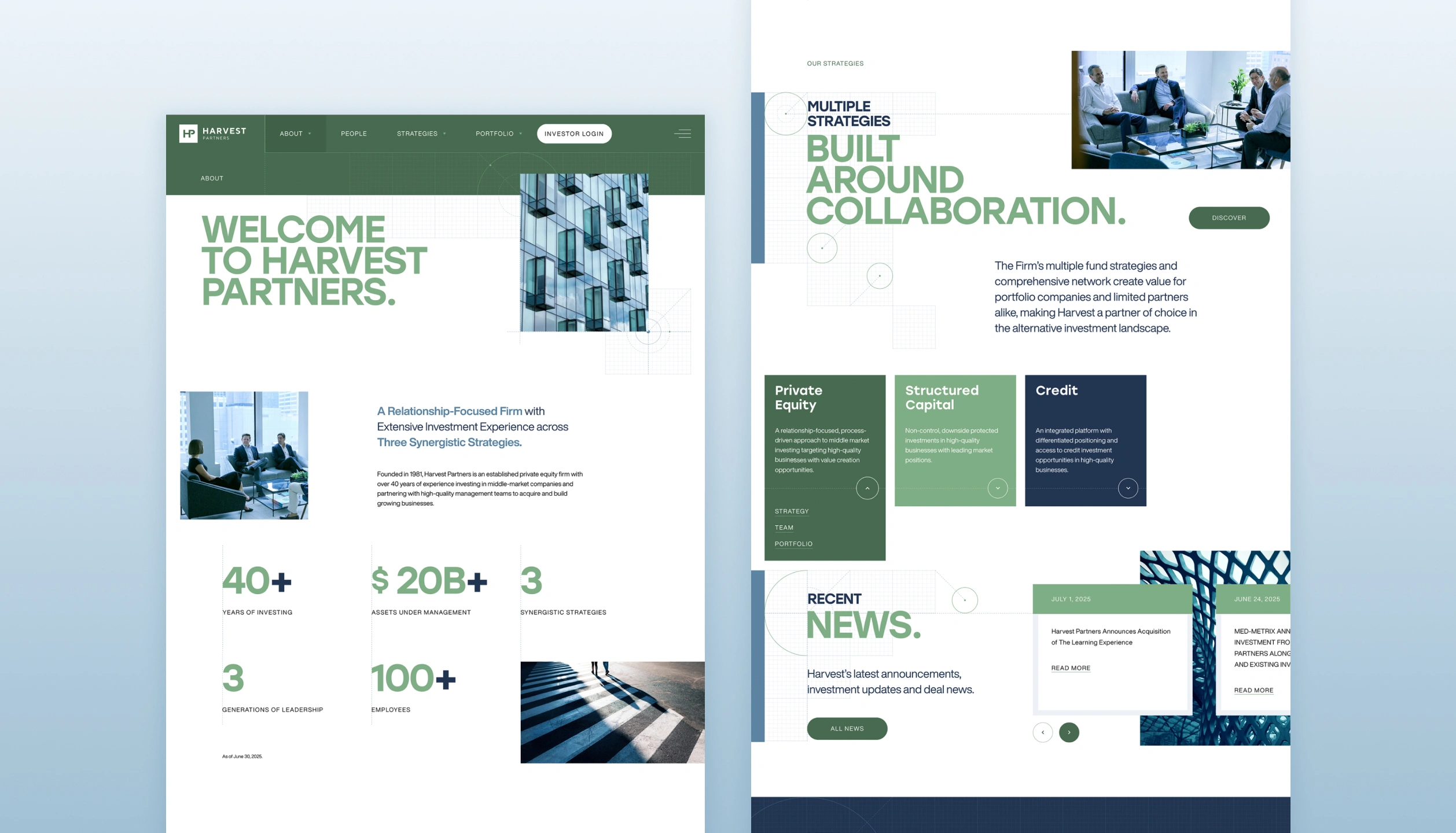 Two-page website layout for Harvest Partners highlighting firm overview, investment experience, strategies, and recent news with images of office meetings and urban architecture.