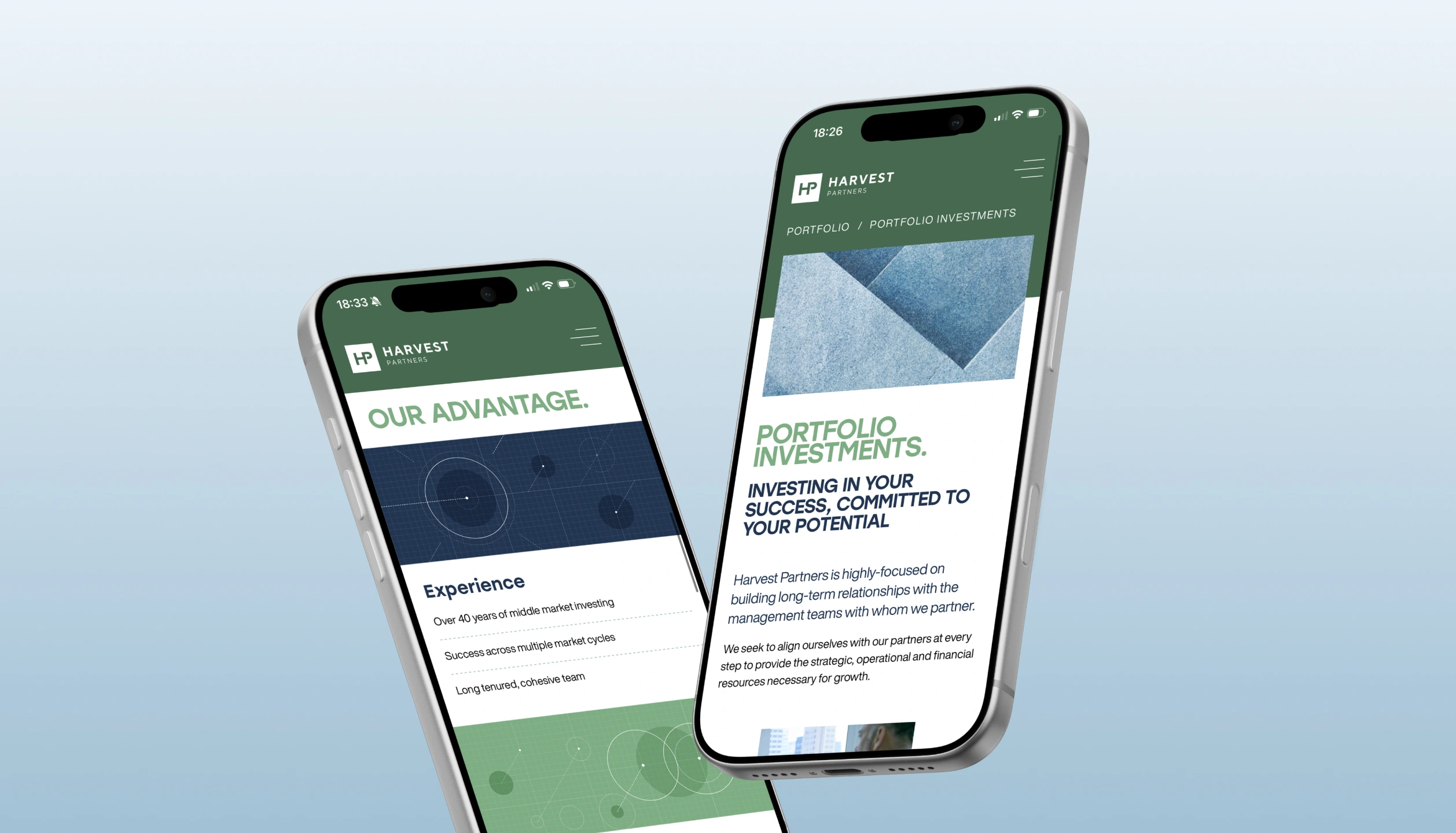 Two smartphones displaying Harvest Partners website pages titled 'Our Advantage' and 'Portfolio Investments' with sections about experience and investment focus.