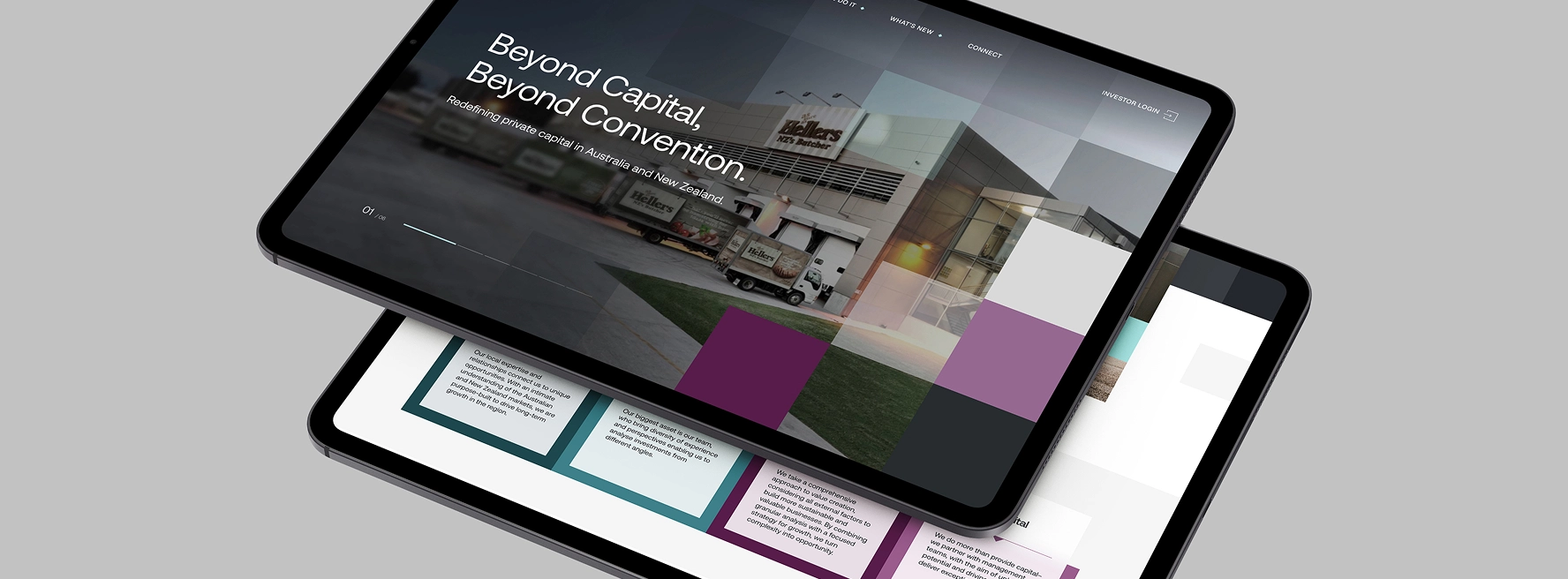 Two tablets stacked, showing a website with a tagline About redefining private capital in Australia and New Zealand, with images and text blocks.