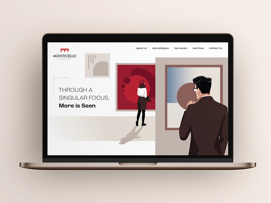 Laptop screen showing Monticello Associates website with two people viewing modern art and text reading 'Through a singular focus, More is Seen.'