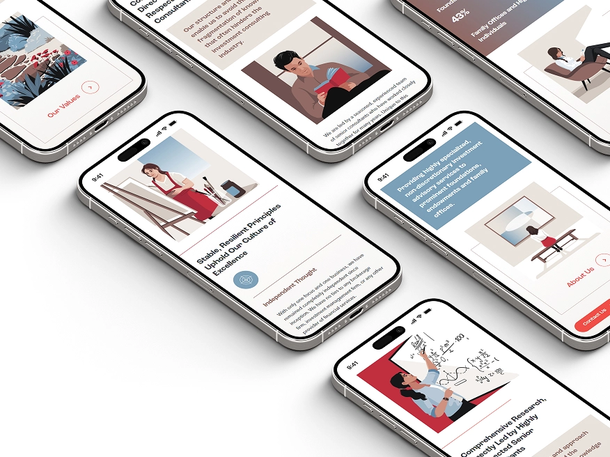 Multiple smartphones displaying illustrated web pages featuring diverse people working, reading, and teaching.