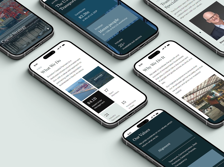 Multiple smartphones displaying a finance and investment app with sections titled What We Do, Why We Do It, and Our Values.