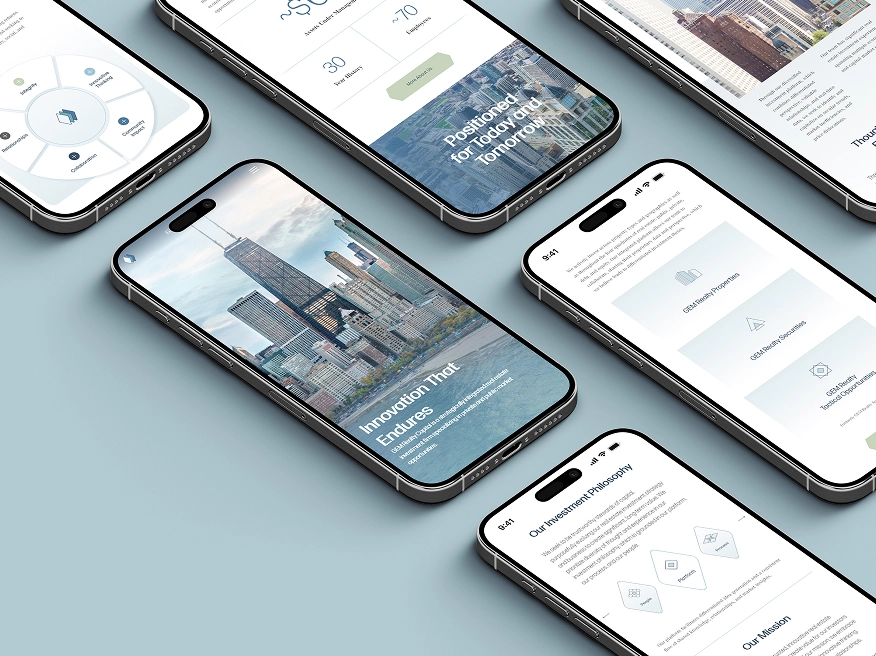 Multiple smartphones displaying a real estate investment app with cityscape images and investment data on a light blue surface.