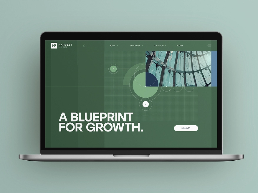 Laptop screen showing a green website homepage with the heading 'A Blueprint for Growth' and navigation options including About, Strategies, Portfolio, and People.