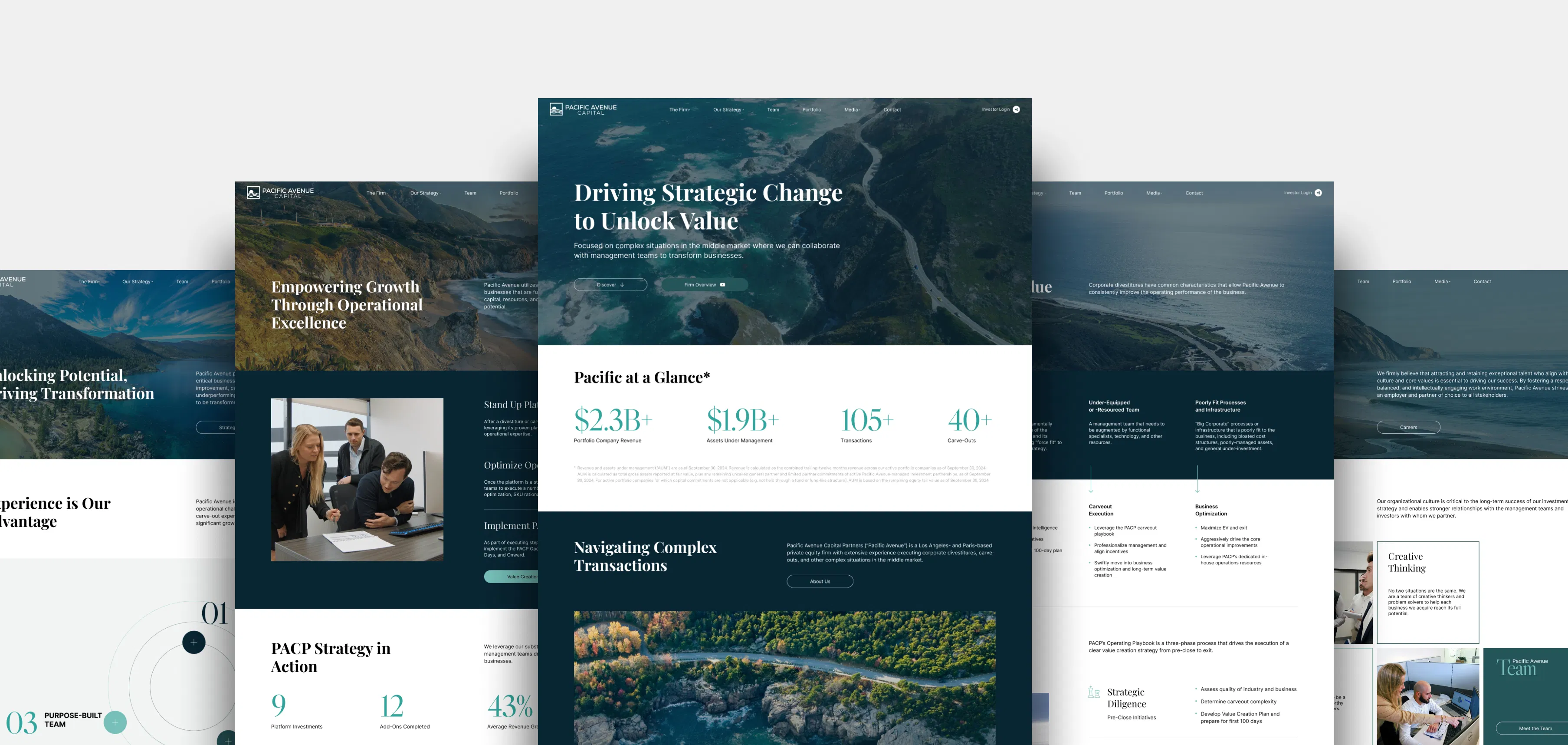 Website homepage showing Pacific Avenue Capital's mission, statistics on assets and transactions, and strategic services with nature-themed background images.