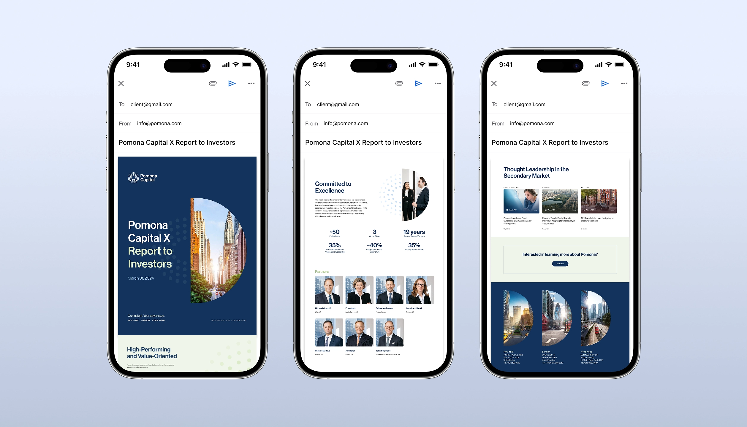 Three iPhone screens showing an email titled Pomona Capital X Report to Investors with cover page, partner profiles, and market insights.