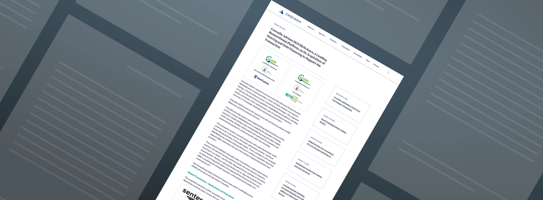 Tilted screenshot of a Cascadia news article about advising HGS Bioscience in its acquisition of NutriAg and debt financing support.