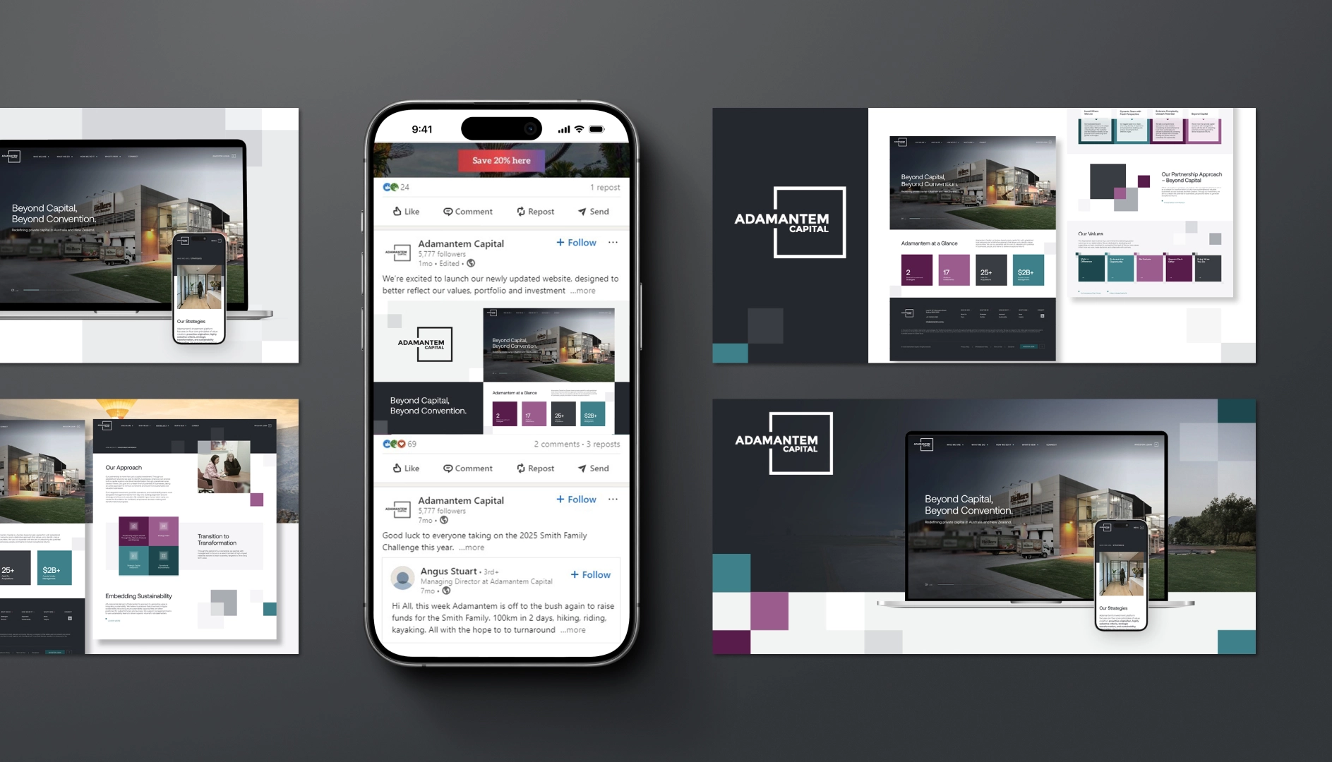Digital mockups of Adamantem Capital's website and social media on laptop, smartphone, and desktop screens featuring company branding and investment info.