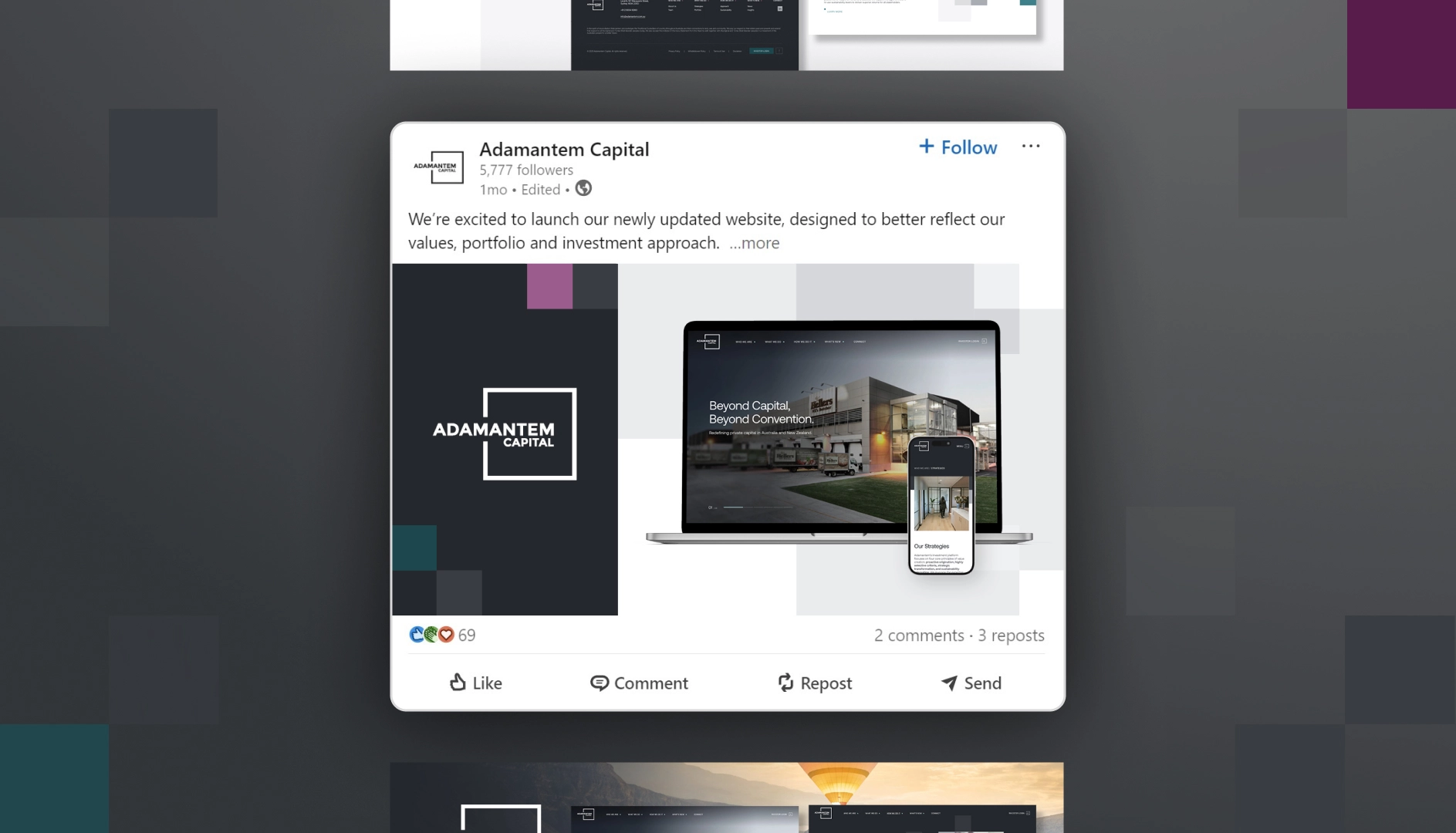 LinkedIn post by Adamantem Capital announcing their updated website with a laptop and smartphone showing the new site design.