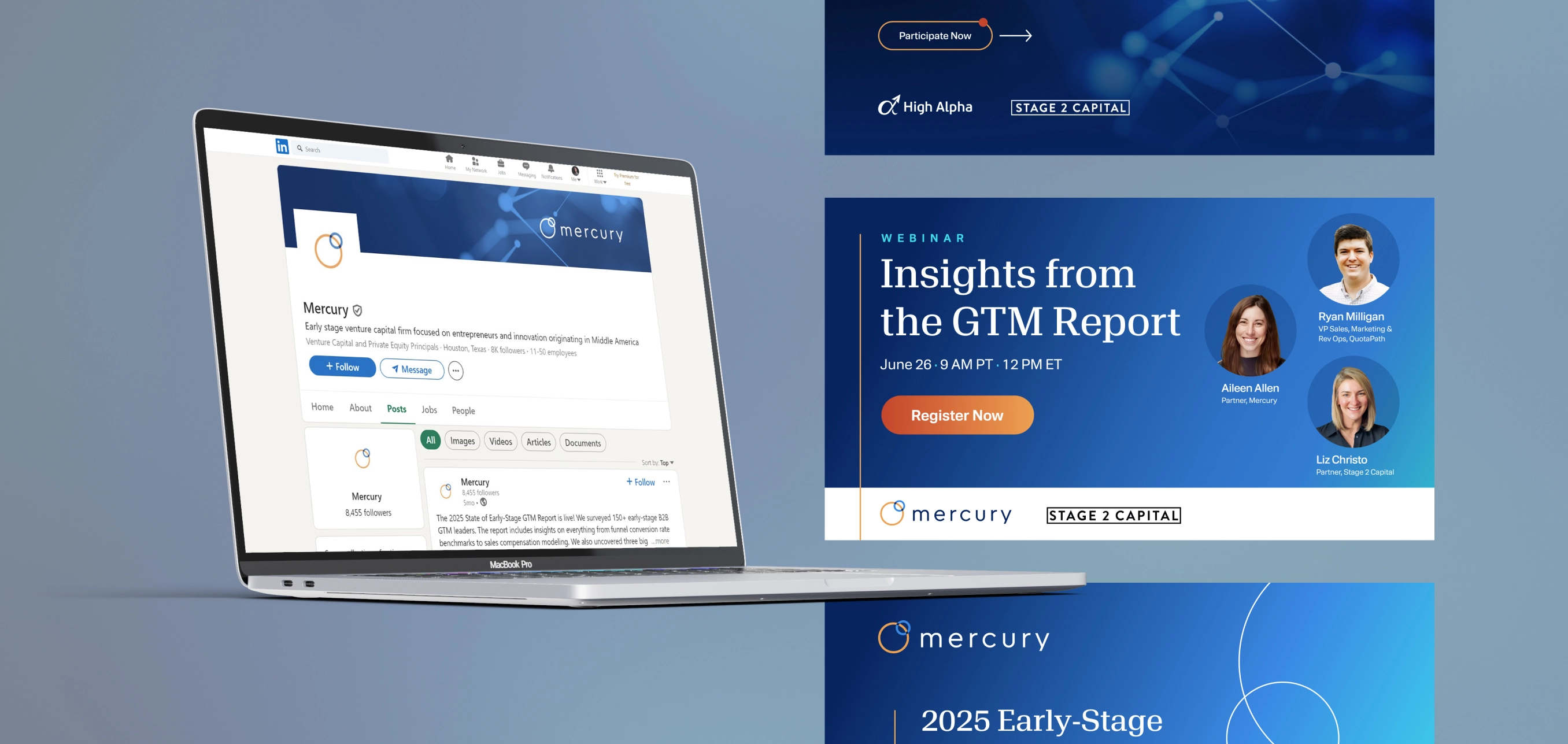 Laptop displaying Mercury's LinkedIn page focused on early-stage venture capital with a blue-themed webinar banner titled 'Insights from the GTM Report' featuring speakers Aileen Allen, Ryan Milligan, and Liz Christo, and a call-to-action button to register.