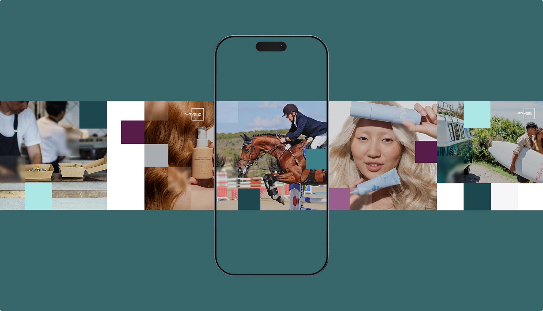 Smartphone frame showcasing a collage of lifestyle images including a chef preparing food, a person holding a hair care product, a rider jumping a horse, a woman holding cosmetic tubes, and a couple with a surfboard beside a camper van.