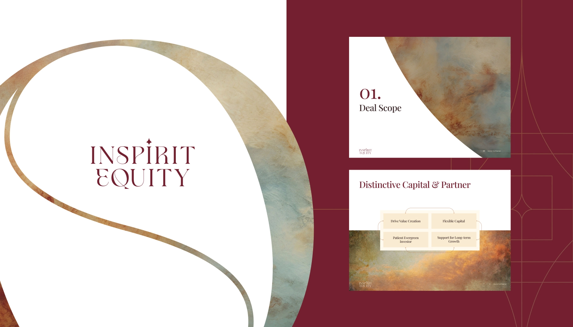 Slide presentation with Inspirit Equity logo on the left and slides titled '01. Deal Scope' and 'Distinctive Capital & Partner' with key points on a textured earthy background on the right.