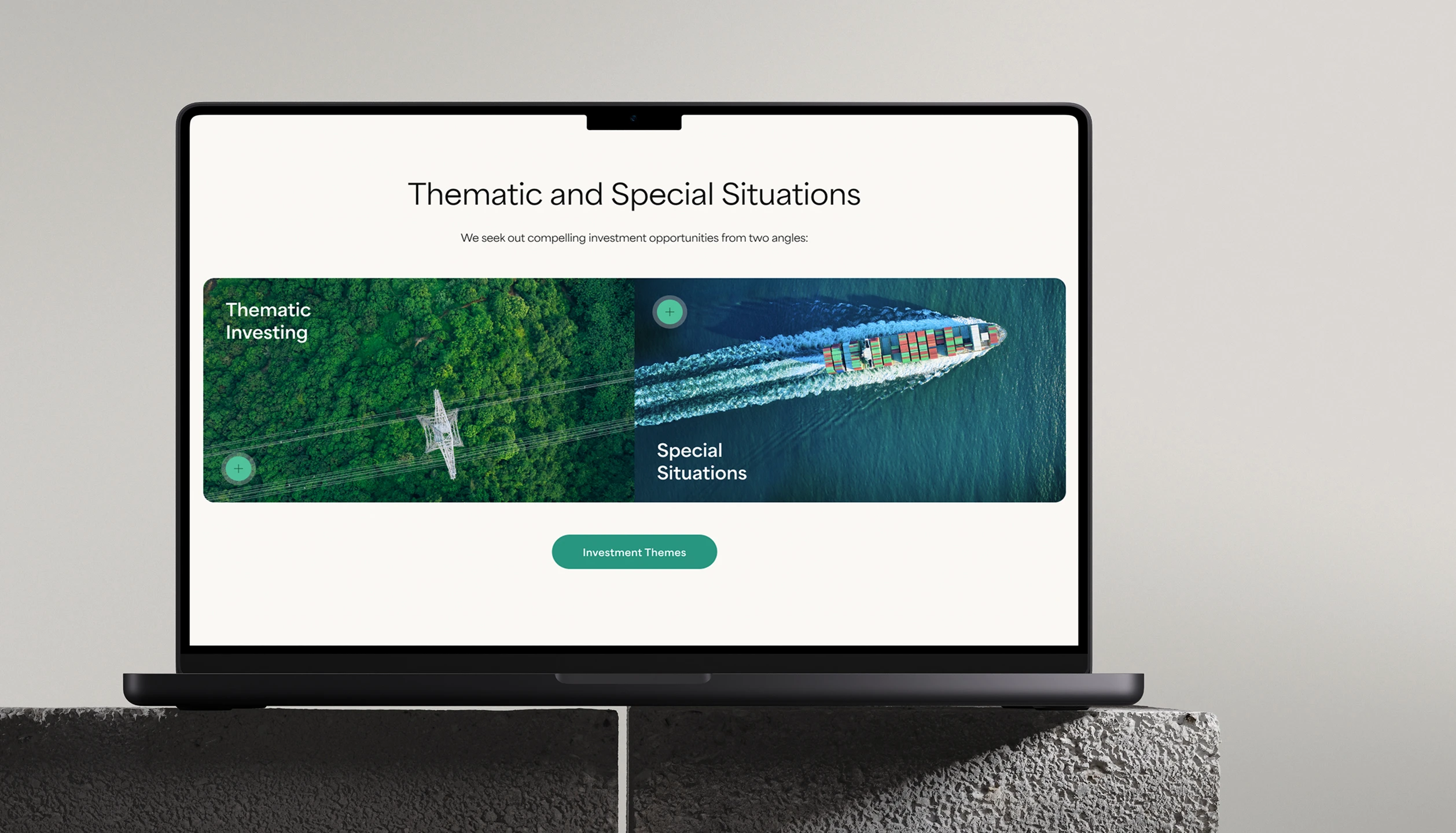 Laptop screen displaying a webpage titled Thematic and Special Situations with sections on Thematic Investing featuring an aerial view of green forest and Special Situations showing a cargo ship on the ocean.