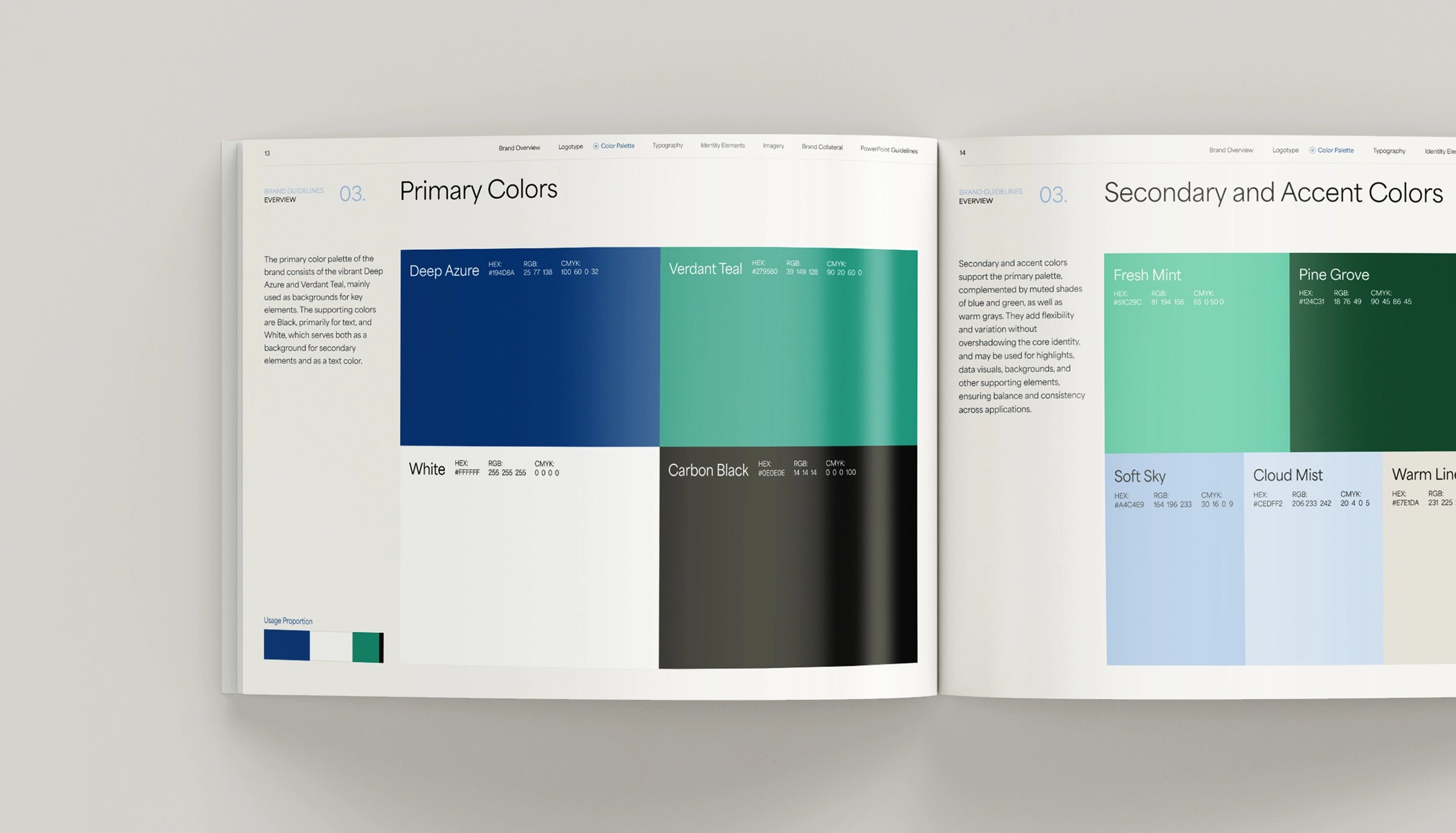 Open brand guideline booklet showing primary colors including Deep Azure, Verdant Teal, White, and Carbon Black with color codes, and secondary colors including Fresh Mint, Pine Grove, Soft Sky, Cloud Mist, and Warm Linen with descriptions.