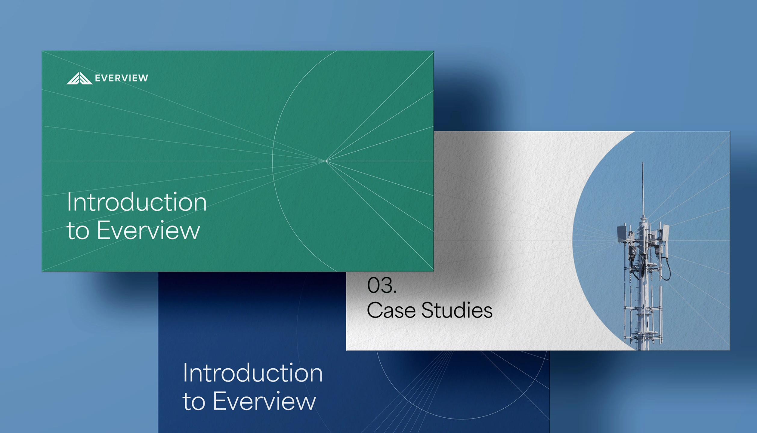 Graphic with three overlapping rectangles showing text 'Introduction to Everview' and '03. Case Studies' with an image of a telecommunications antenna on a light background.