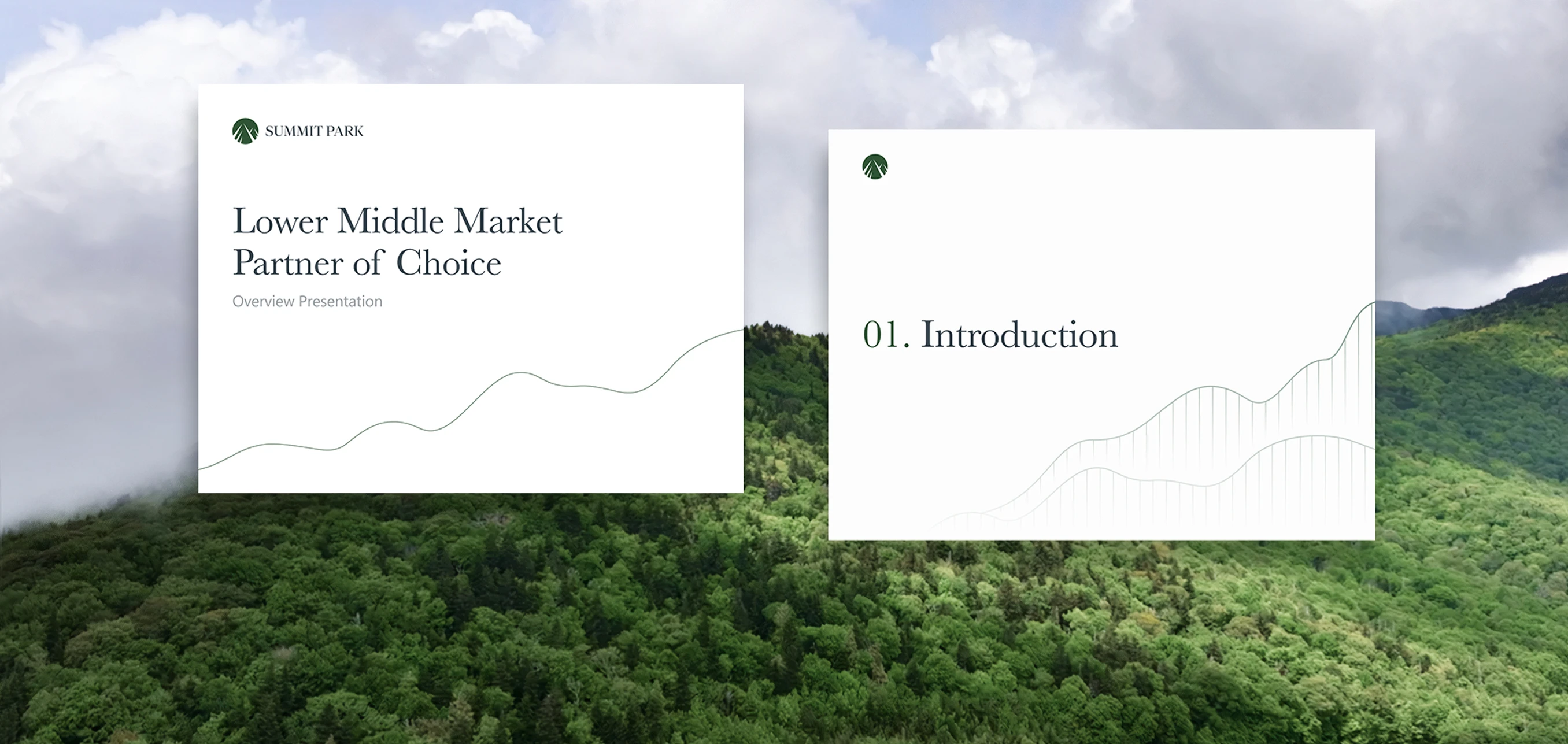 Presentation slides titled 'Lower Middle Market Partner of Choice' and '01. Introduction' over a background of green forested hills under a cloudy sky.