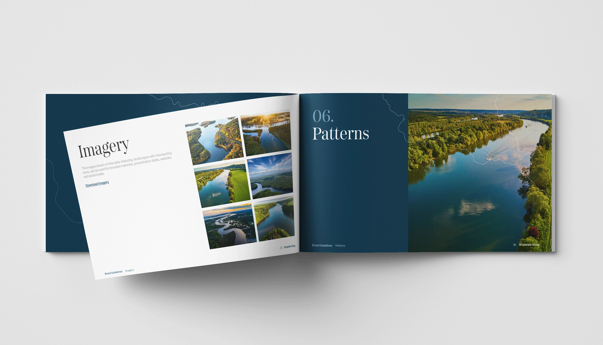 Open booklet showing pages titled 'Imagery' with six aerial landscape photos of rivers and '06. Patterns' with an aerial image of a river with boats.
