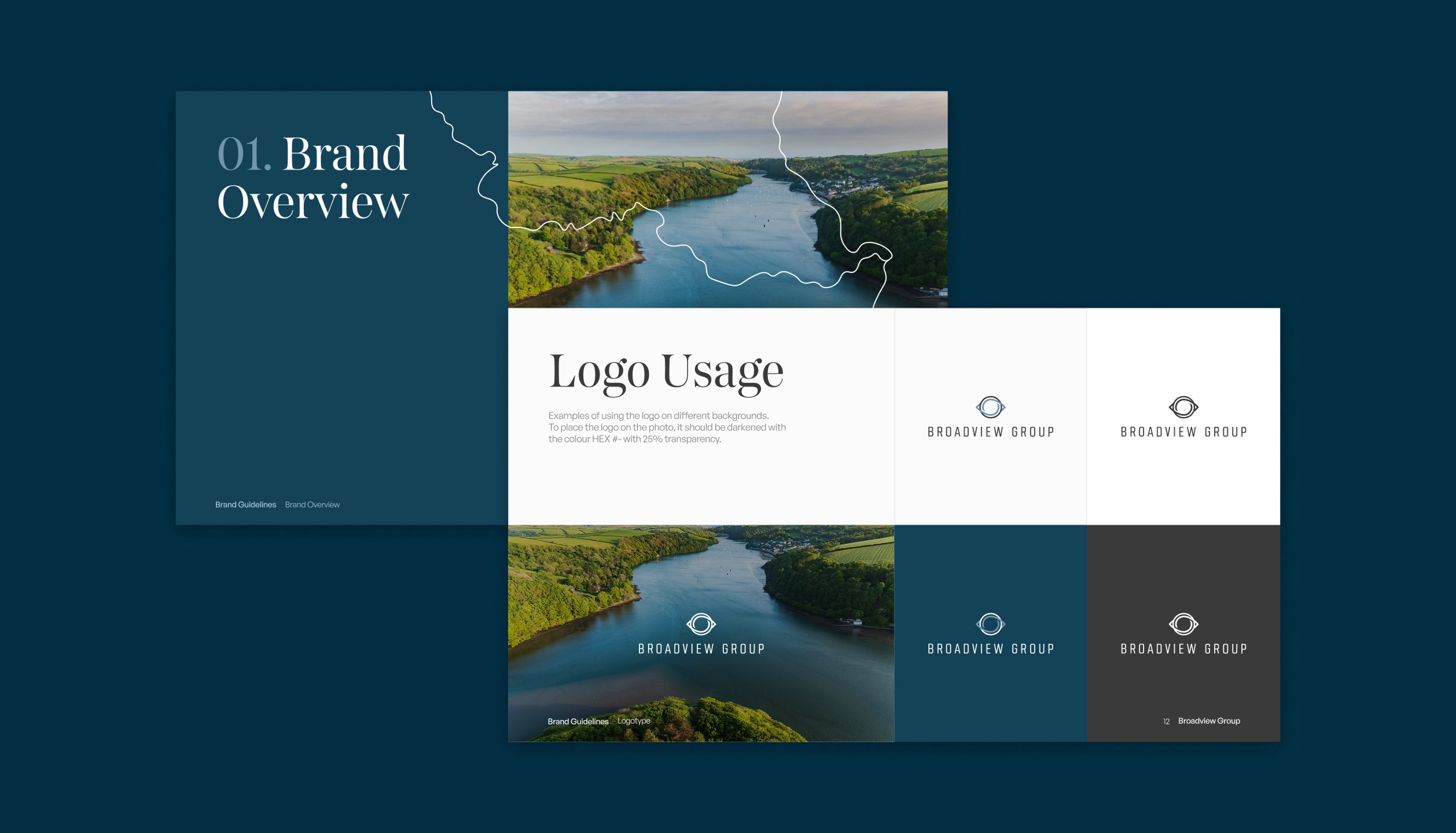 Brand overview presentation slide showing logo usage examples of Broadview Group on various backgrounds including photography, white, dark blue, and gray.