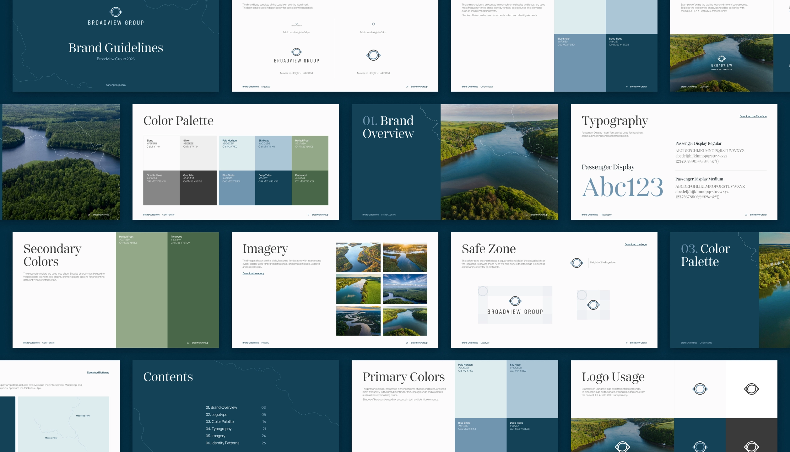 Collage of Broadview Group brand guideline pages showing color palettes, logo usage, typography, imagery, and contents with nature landscapes and blue-green color themes.