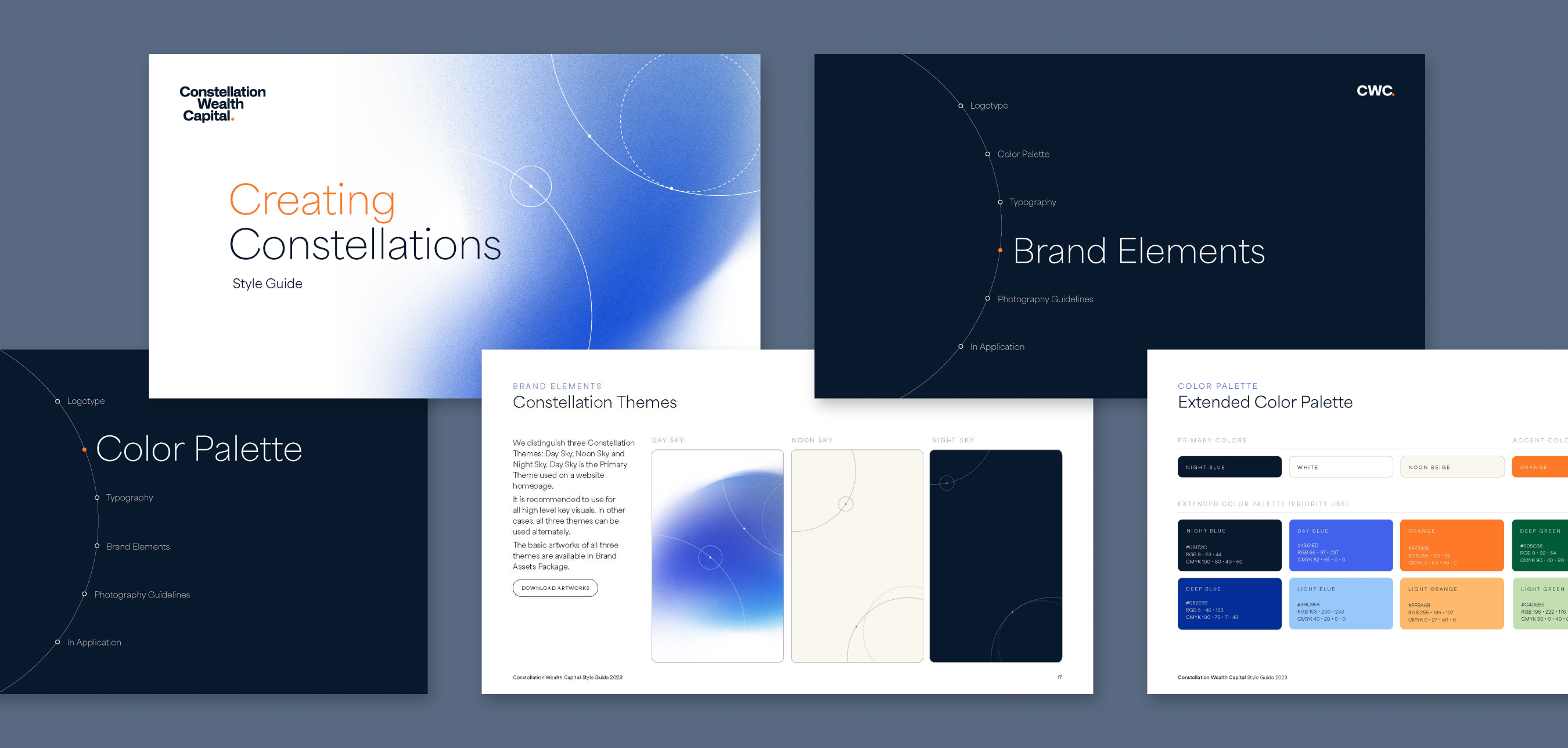 Collage of Constellation Wealth Capital style guide slides showing the title page, color palette, brand elements, constellation themes, and extended color palette with color swatches and codes.