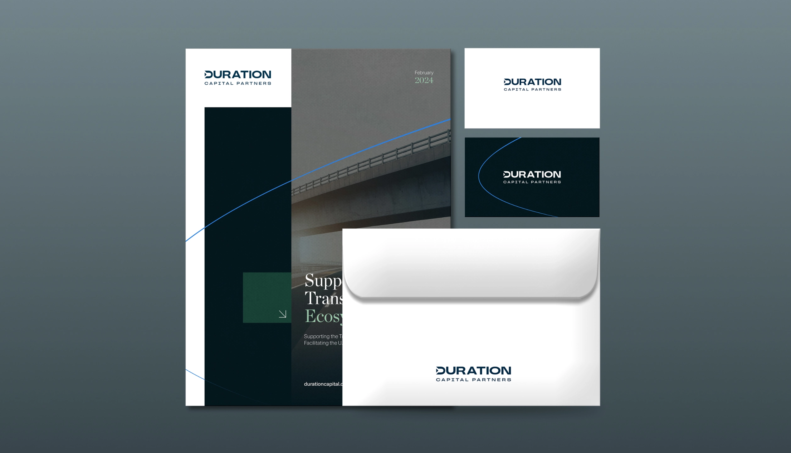Corporate stationery set including a brochure with bridge photo, two business cards, and an envelope, all branded with Duration Capital Partners logo on a gray background.