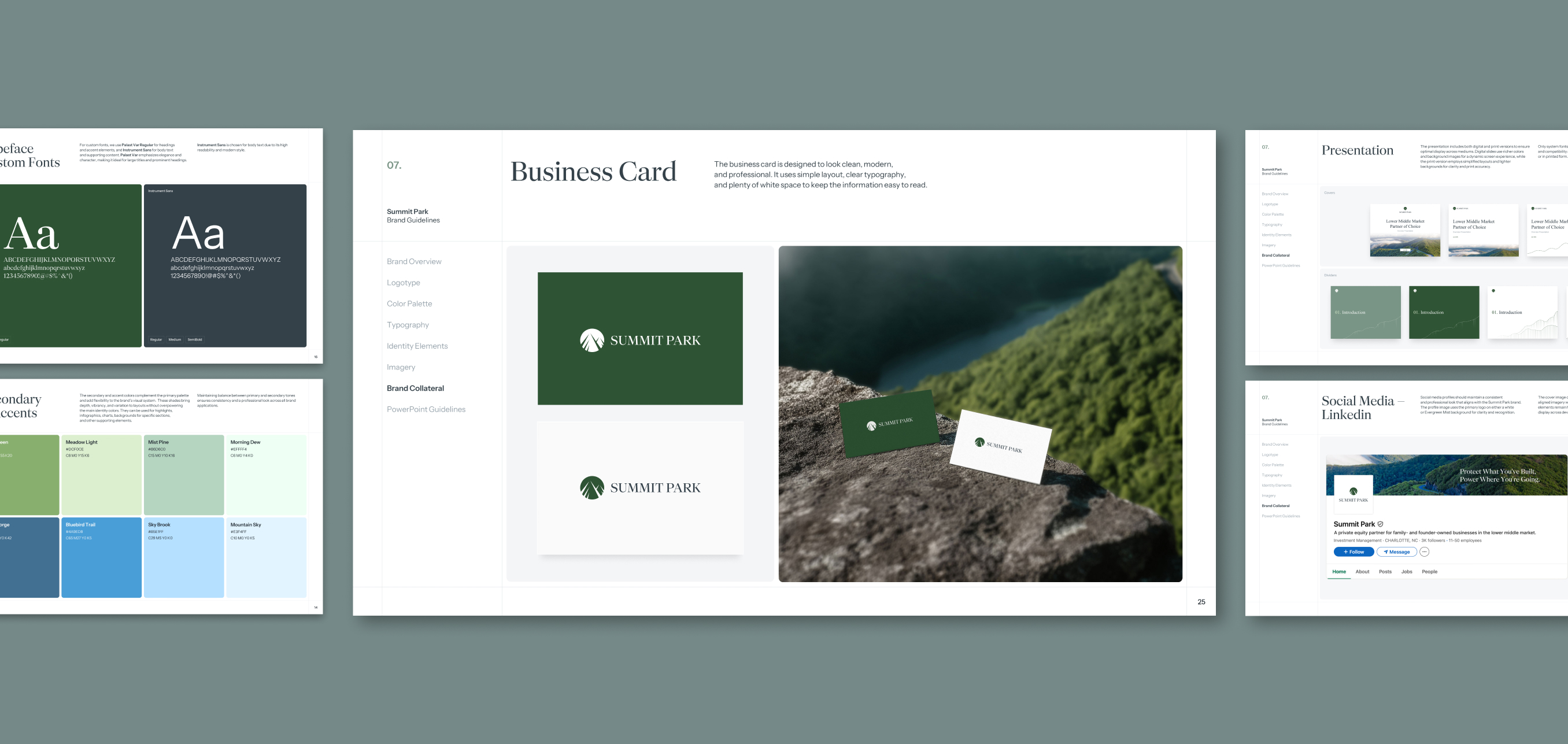 Brand guideline presentation showcasing Summit Park business cards with green and white backgrounds, logo, typography, and social media examples.
