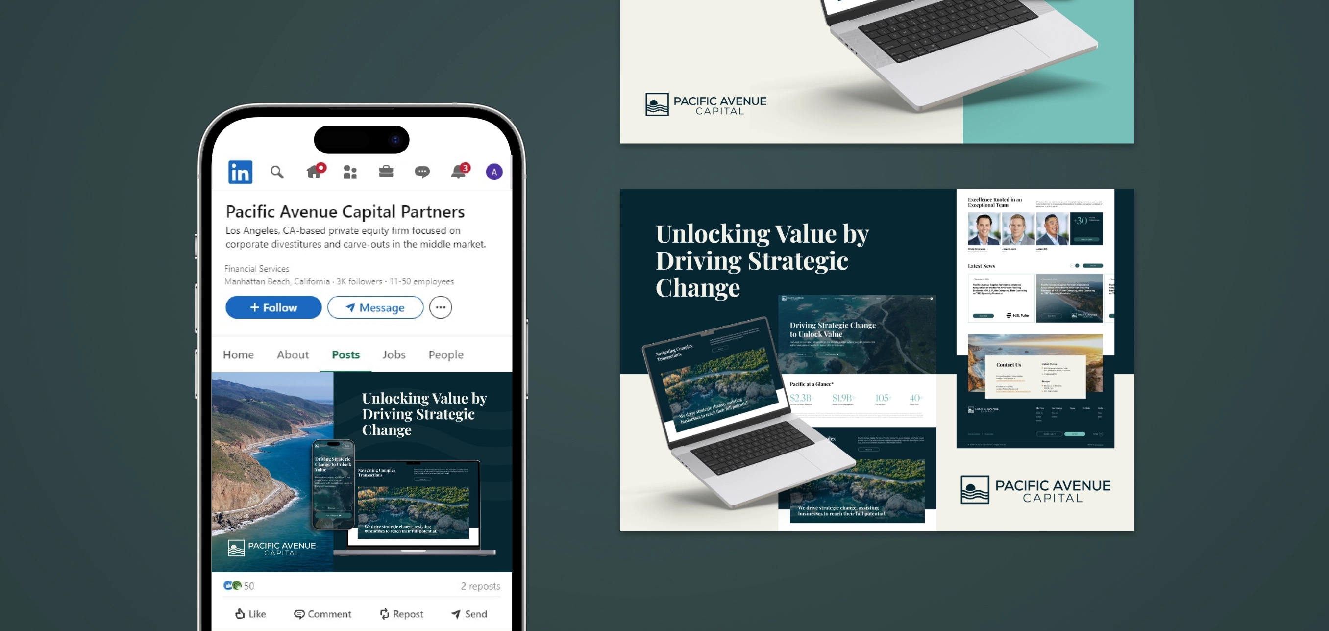 Smartphone displaying Pacific Avenue Capital Partners LinkedIn page with strategic change content and a laptop showcasing the same business website.