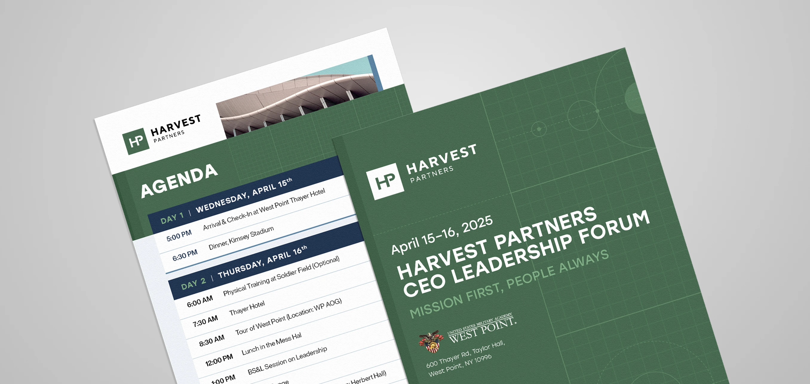 Two event documents for Harvest Partners CEO Leadership Forum April 15-16, 2025 at West Point, NY, showing agenda and event details.