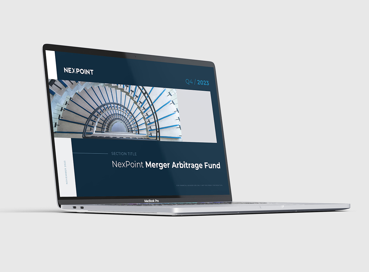 MacBook Pro laptop displaying a NexPoint Merger Arbitrage Fund report with a spiral staircase image and Q4 2023 label.