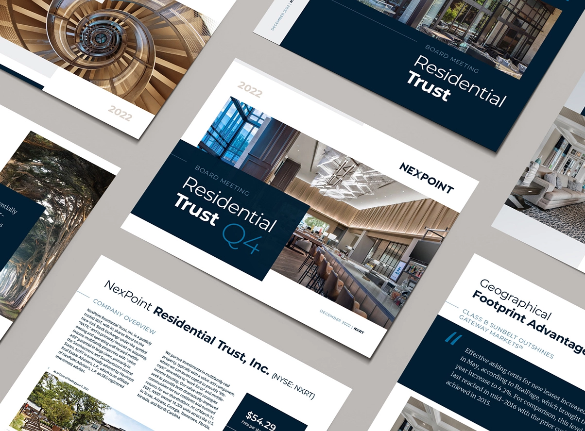 Business presentation slides for NexPoint Residential Trust featuring modern architectural and interior images with board meeting details and company overview.
