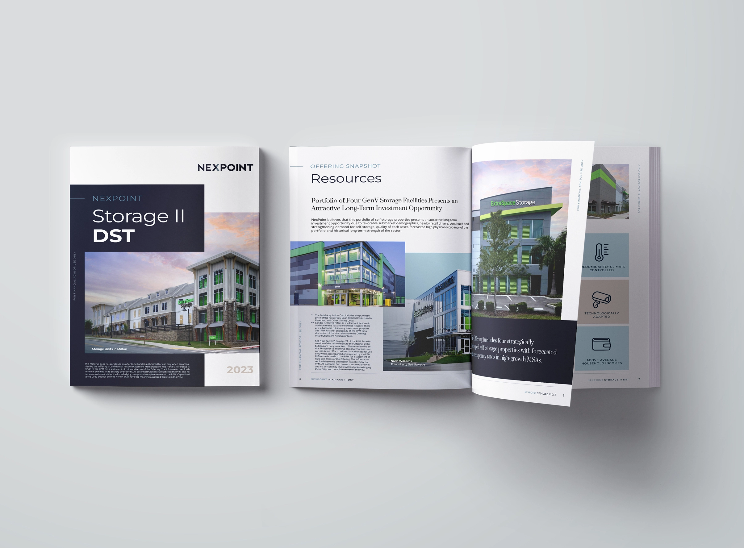 Open NEXPOINT Storage II DST brochure showing cover and inside pages with images of storage facilities and investment information.