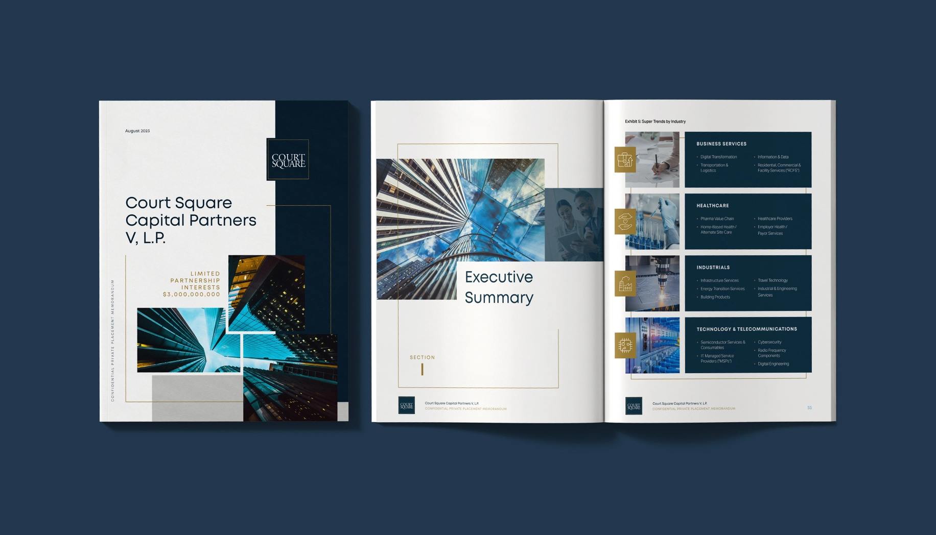 Court Square Capital Partners brochure cover and open pages showing Executive Summary and industry trends sections with corporate building images.